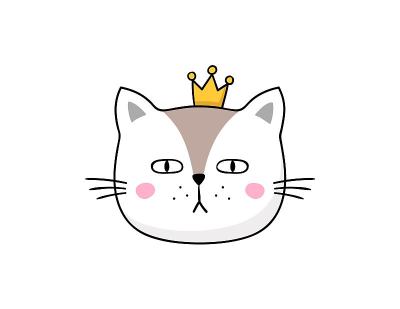 手绘的带皇冠的猫。矢量卡通猫头。