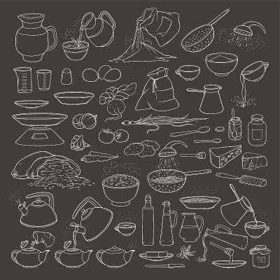 矢量素描收集设粉笔黑板食品，饮料和厨房用具。冲泡茶和咖啡，煮意大利面，倒橄榄油和蜂蜜。袋装新鲜蔬菜、