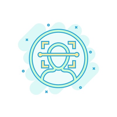 Face scan icon in comic style. Facial id vector ca