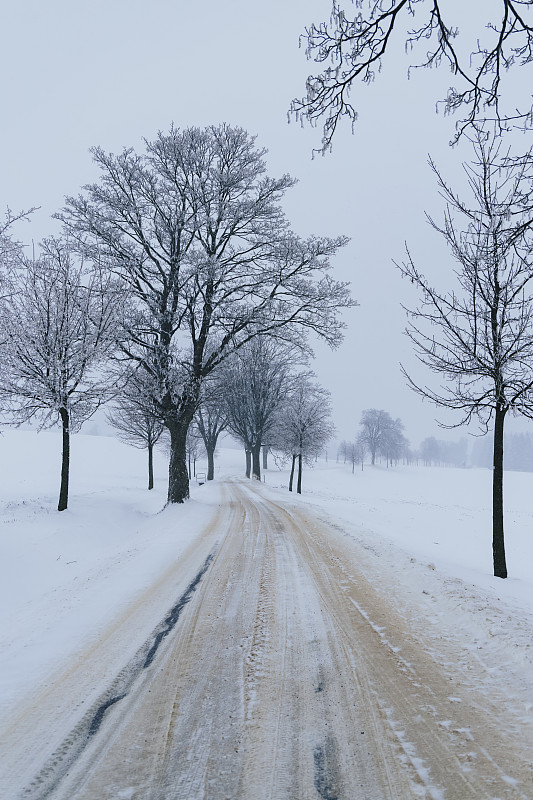 尘土飞扬的道路上刚下过雪