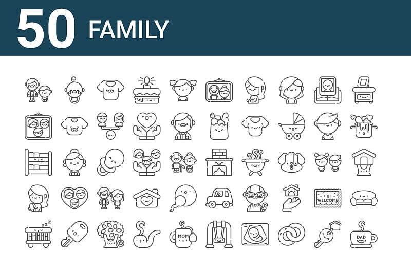 一套50个家庭图标。勾勒出细线图标，如爸爸，摇篮，母乳喂养，双层床，家庭，婴儿，壁炉，祖父母，奶嘴，