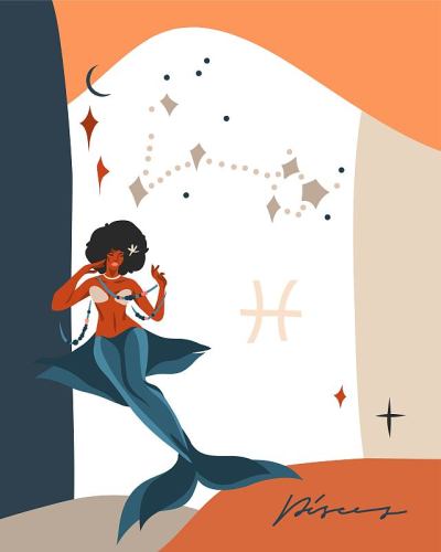 手绘矢量抽象图库简单星象天文插画艺术与现代，拼贴艺术当代版画模板的波西奥星座星座双鱼座与女性性格。