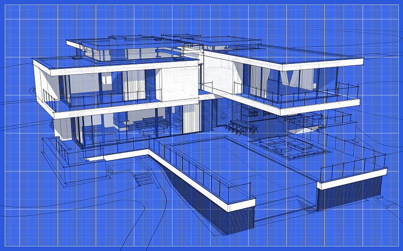 现代舒适住宅的三维效果图。图纸背景上有白点的黑线草图。
