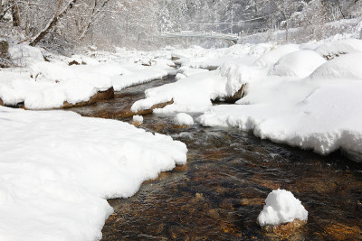 冰雪覆盖的冬季森林和小溪(荻田山国家公园，江原道，韩国)