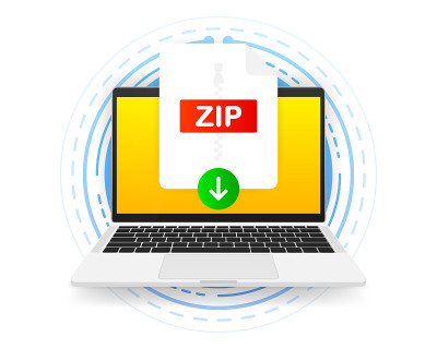 下载ZIP图标文件与标签上的屏幕计算机。下载文档的概念。矢量插图。