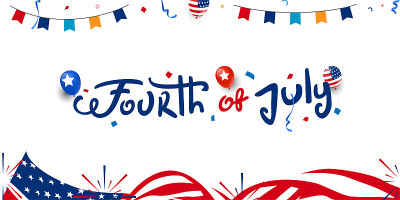 庆祝7月4日美国独立日定制手写设计与气球，彩纸上的美国飘扬的旗帜，气球，花环，烟花，彩纸的背景