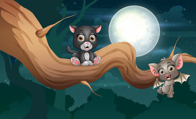 在夜里画一只蝙蝠和一只黑猫在树上