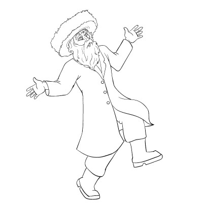 sketch, a Jew in a Hasidic hat dances cheerfully a
