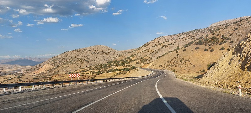 绿树成荫的道路和山景与傍晚的阳光
