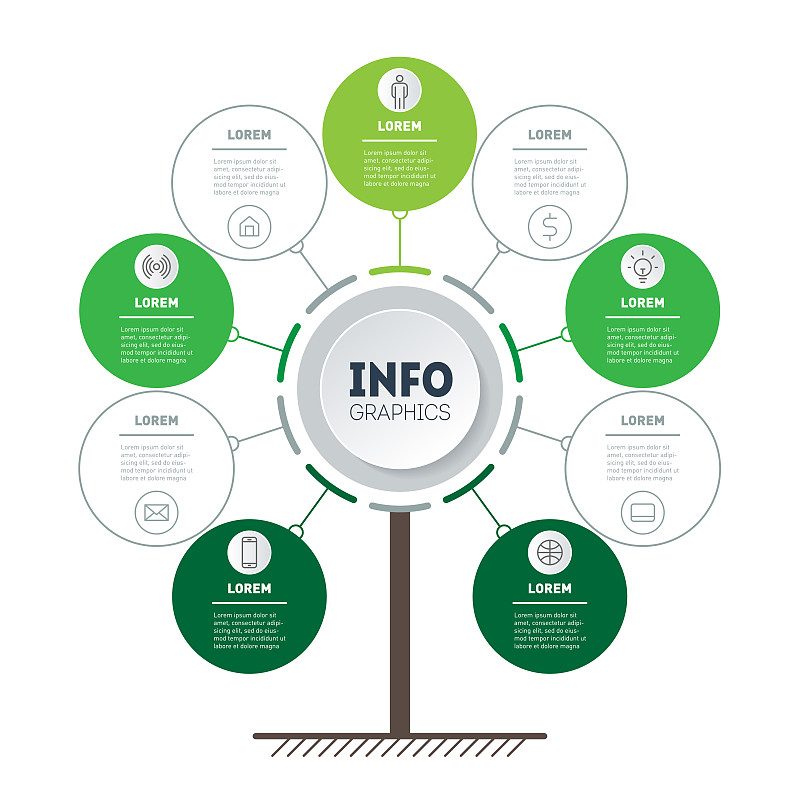 垂直时间轴信息图。发展之树，成长之生态事业。信息图的形式一棵树与树叶。具有5或9个选项、步骤或流程的