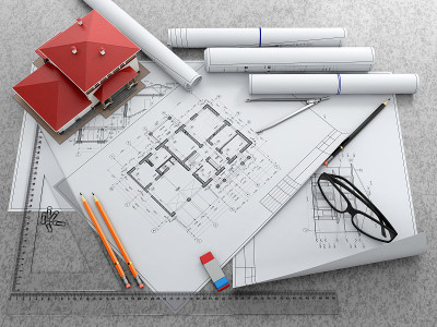 房子和建筑蓝图的比例模型。
