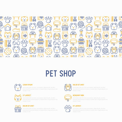宠物店概念与细线图标:猫，狗，项圈，犬舍，美容，食物，玩具。现代矢量插图，网页模板。