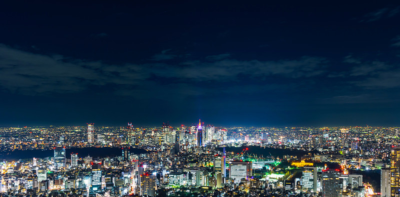 新宿区霓虹夜景的现代城市天际线全景