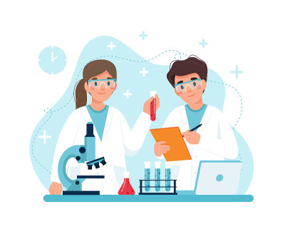 工作中的科学家，在实验室里做实验的角色。矢量插图在平面风格