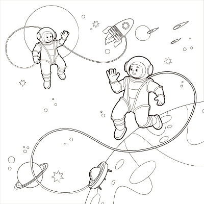 填色本:快乐的儿童宇航员在深空和行星的背景下互相问候。矢量插图，黑白线艺术，涂鸦，素描。