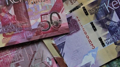 50肯尼亚先令在一堆不同的肯尼亚先令纸币上，俯视图。