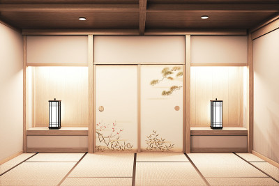 日本室内设计，现代客厅。3d渲染，3d渲染