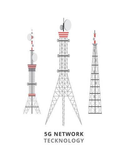 5G网络技术旗帜与电信塔矢量插图。