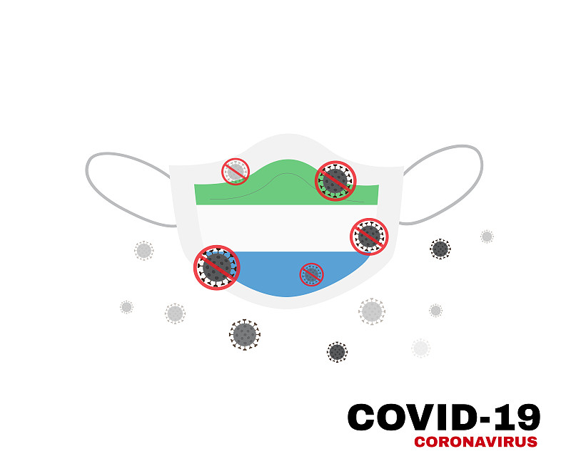 带塞拉利昂标志的医用口罩，保护塞拉利昂人民免受冠状病毒或Covid-19感染，病毒爆发保护概念，标志