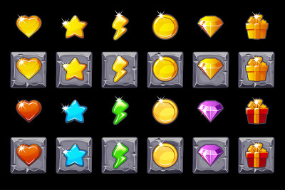 Set Game UI icons on stone square for games. Game 