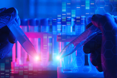 基因工程，生物化学科学实验室研究，编辑基因，在暗色霓虹灯背景下操纵DNA