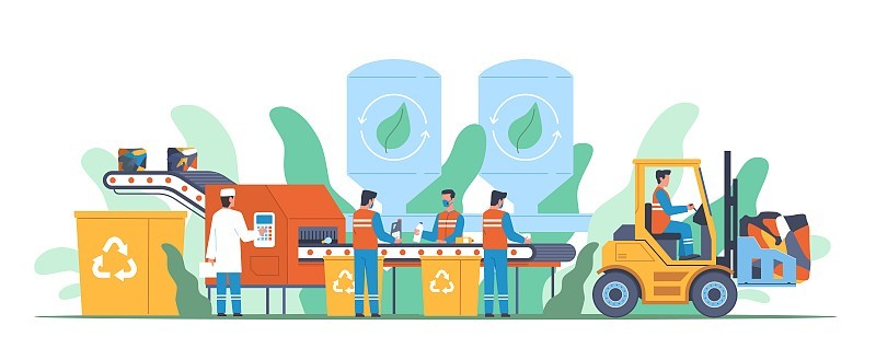 垃圾回收。垃圾分类机，垃圾输送机，回收工艺，压缩材料为新产品，垃圾和再利用垃圾行业，矢量卡通平面概念