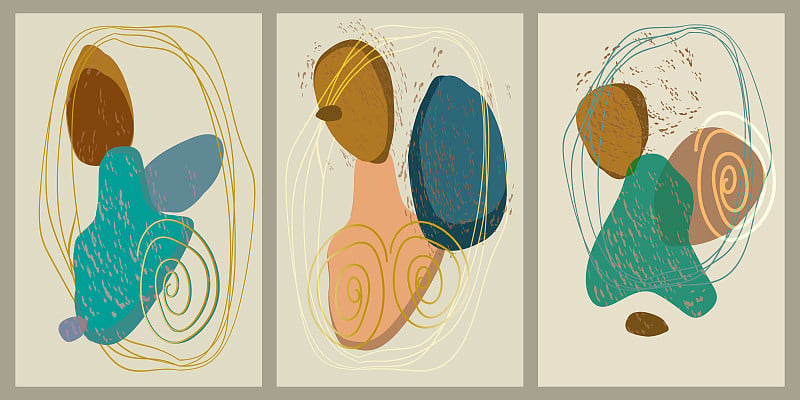 三套创意极简手绘插图，用于墙壁装饰，明信片或宣传册封面设计。当代现代时尚插图。抽象艺术海报。的名片。