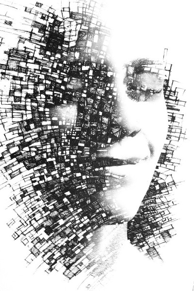 Paintography。双重曝光肖像的一个有吸引力的女人结合绘制相互连接的线溶解到她的脸，黑色和白