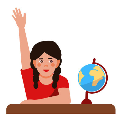 那个女孩坐在书桌前伸出手来。优秀的学生想回答这一课。回到学校。矢量插图在一个平面卡通风格是孤立的白色