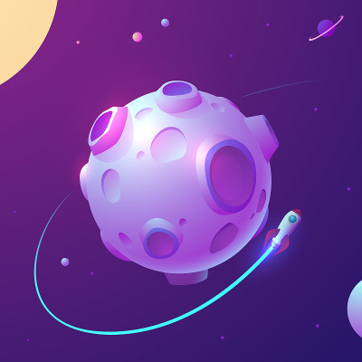 卡通月亮与火箭和星星