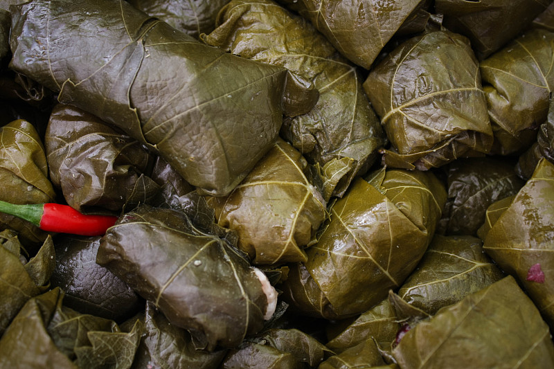 美味的自制酿葡萄叶，传统的地中海料理dolma在一个烹饪锅。