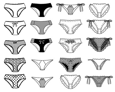 各种女性内衣的插图。内裤。可爱、优雅、时尚。画线。