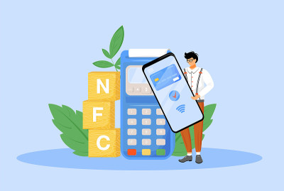 NFC支付平面概念矢量插图。使用智能手机进行非接触式支付的男子2D卡通人物网页设计。电子支付应用，近