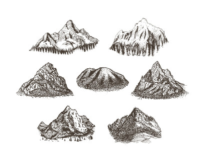 山峰和山峰与森林，矢量草图。山景，手绘插图收藏。山的风景。