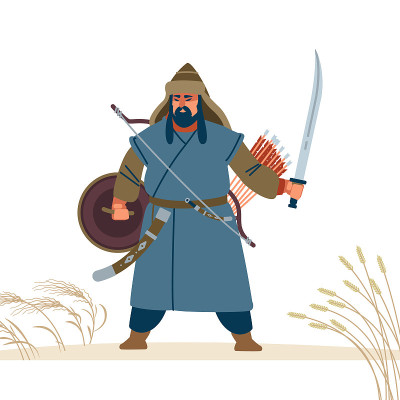 蒙古武士的性格。中世纪的战斗插图。历史插图。孤立矢量平面插图。
