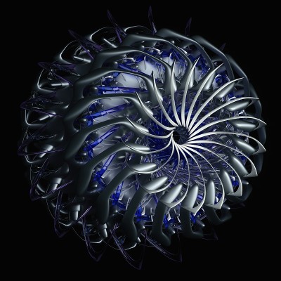 3d艺术与抽象的飞机涡轮发动机锋利的叶片磨砂金属和紫色玻璃材料在黑色的背景