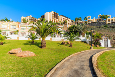 西班牙加那利群岛的特内里费，Costa Adeje镇热带公园的散步小路，背景是度假公寓