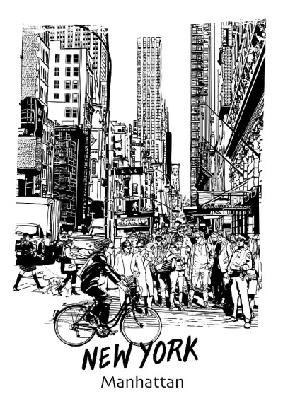 纽约市中心一个大十字路口的车辆。汽车和行人在第五大道的十字路口。