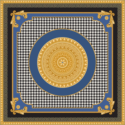 大手帕，口袋方形印花，黑白鸡爪派-de-poule图案背景，蓝色和金色框架，黄金电缆，蜿蜒，希腊叶和