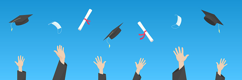 学生们把学位帽、毕业证书和面具抛向空中。毕业典礼。矢量图