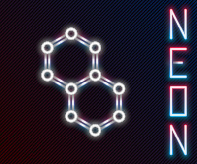 发光的霓虹灯线化学公式图标孤立在黑色背景。摘要六边形用于创新医药、卫生、科研和科学。色彩斑斓的轮廓的