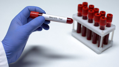 人绒毛膜促性腺激素测试，医生在试管中展示血样，实验室研究，健康检查