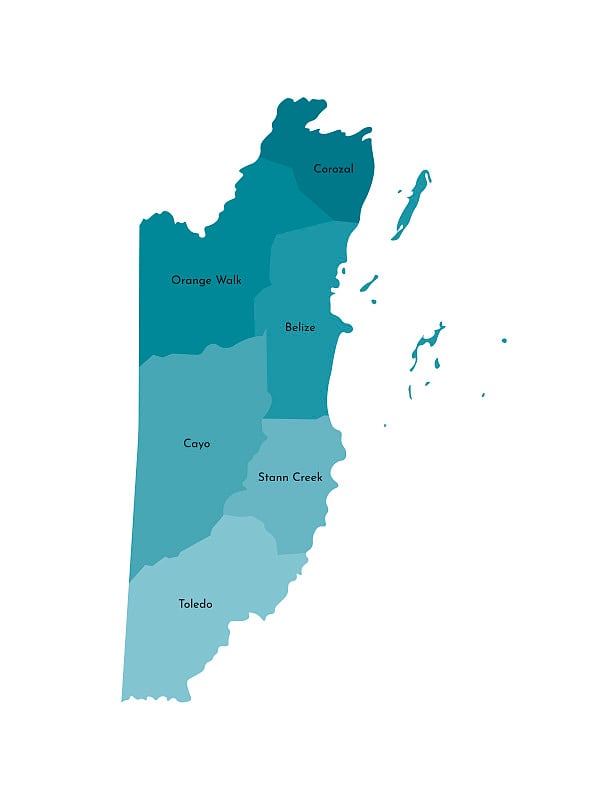 简化的伯利兹行政地图矢量孤立插图。地区(地区)的边界和名称。五颜六色的蓝色卡其色轮廓