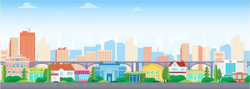 矢量海报与城市景观与道路和桥梁。郊区住宅与城市建筑。