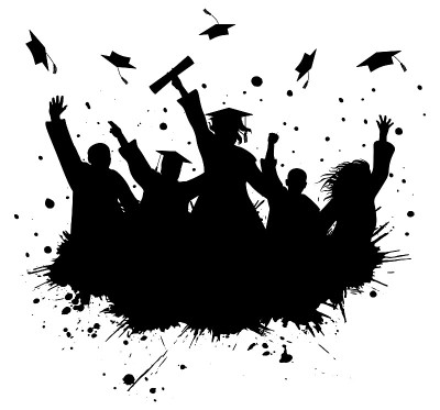 戴着毕业帽的快乐毕业生的剪影。矢量图