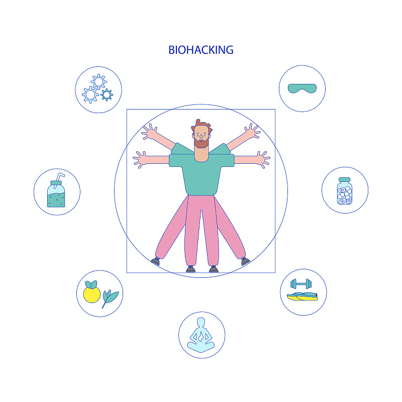 生物黑客矢量插图。平微小自我提升人的观念。利用黑客伦理和解剖人工智能监测的生物健康工程。磨床方法影响