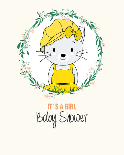 婴儿洗澡卡。可爱的猫在花架里。