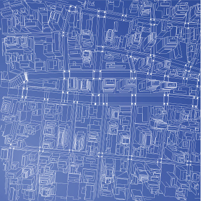 线框城市，蓝图风格，3D渲染矢量插图