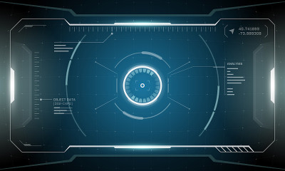 VR HUD数字未来界面赛博朋克屏幕设计。科幻虚拟现实技术视图平视显示。数字技术图形用户界面仪表板矢