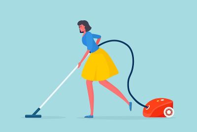 女人正在用吸尘器清洁地板。做家务的家庭主妇或女佣。矢量图
